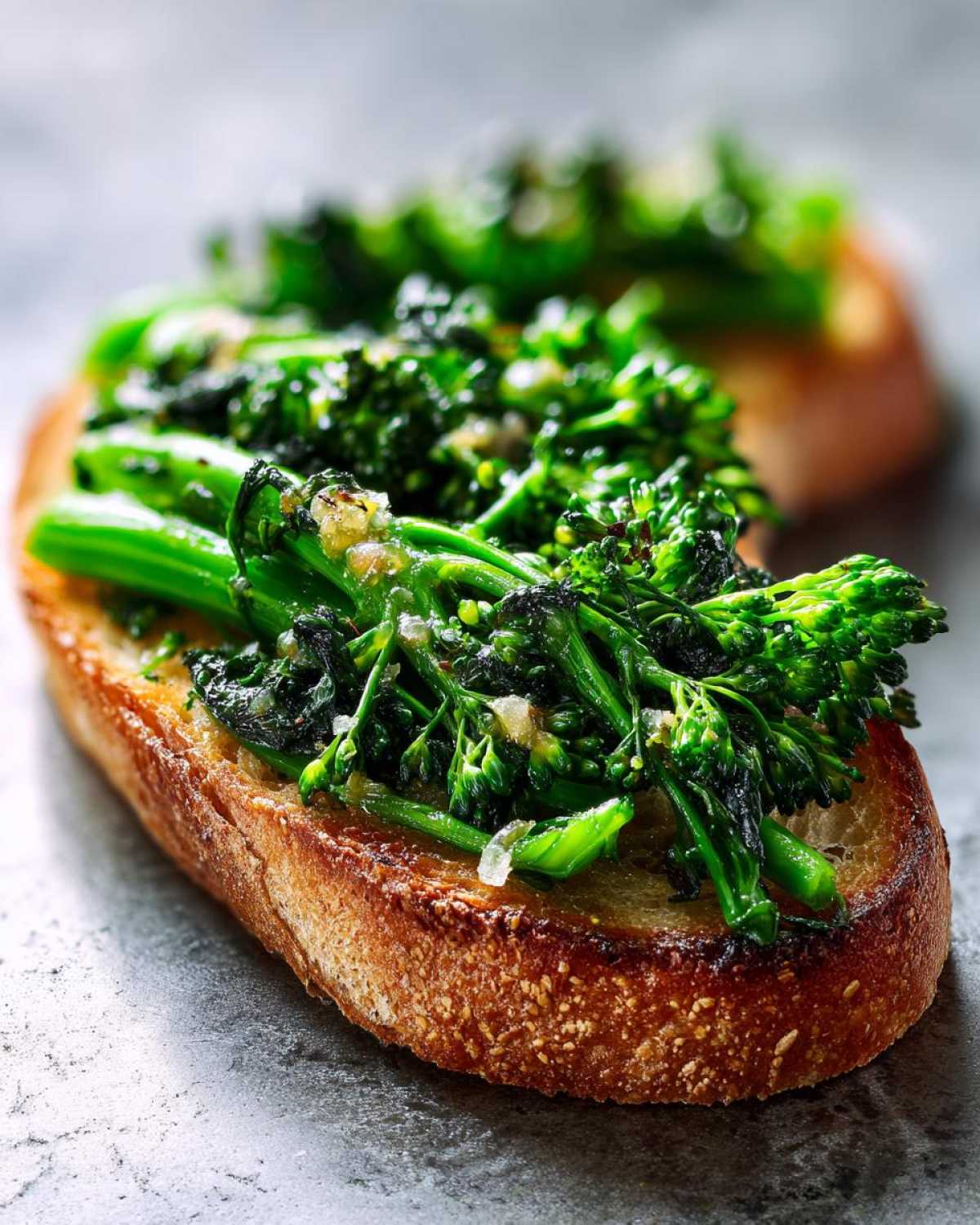 Close-up of a slice of toasted bread topped generously with bright green, sautéed broccolini garlic anchovy toast mixture.