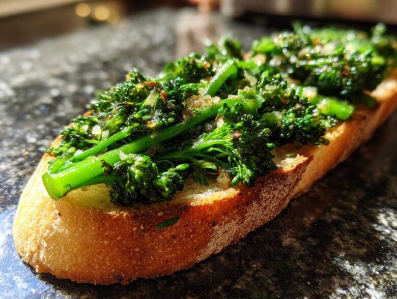 A close-up, sunlit shot of a single slice of Broccolini Garlic Anchovy Toast featuring bright green broccolini on toasted bread.