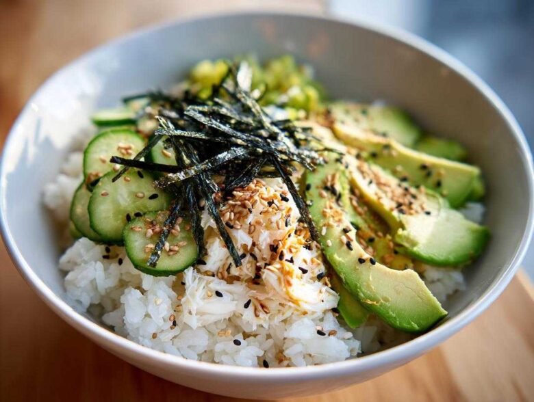 Close-up of a California Sushi Bowl with Crab served over white rice, topped with sliced avocado, cucumber, nori, and sesame seeds.