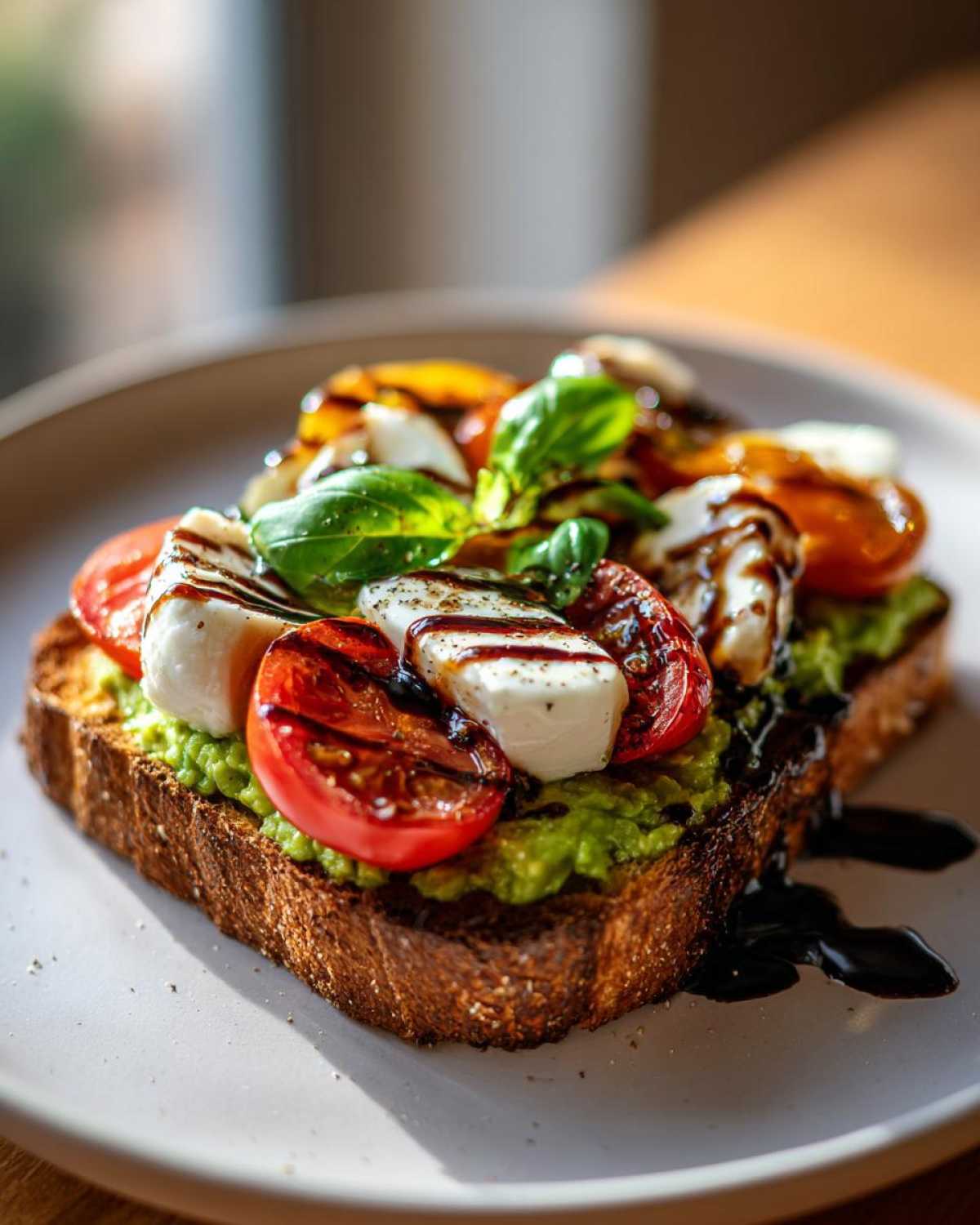 Close-up of Caprese Avocado Toast featuring mashed avocado, mozzarella, tomatoes, basil, and balsamic drizzle on toasted bread.