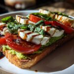 Close-up of Caprese Avocado Toast featuring avocado spread, sliced tomatoes, mozzarella, basil, and balsamic drizzle on toasted bread.