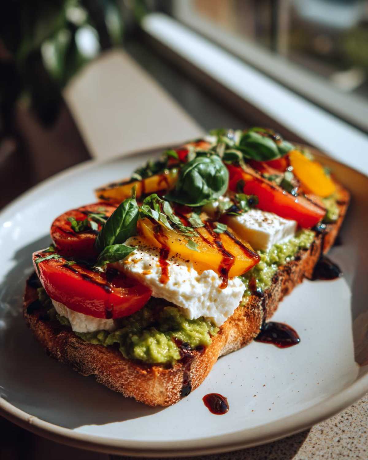 A slice of Caprese Avocado Toast topped with mashed avocado, fresh mozzarella, tomatoes, basil, and balsamic drizzle.
