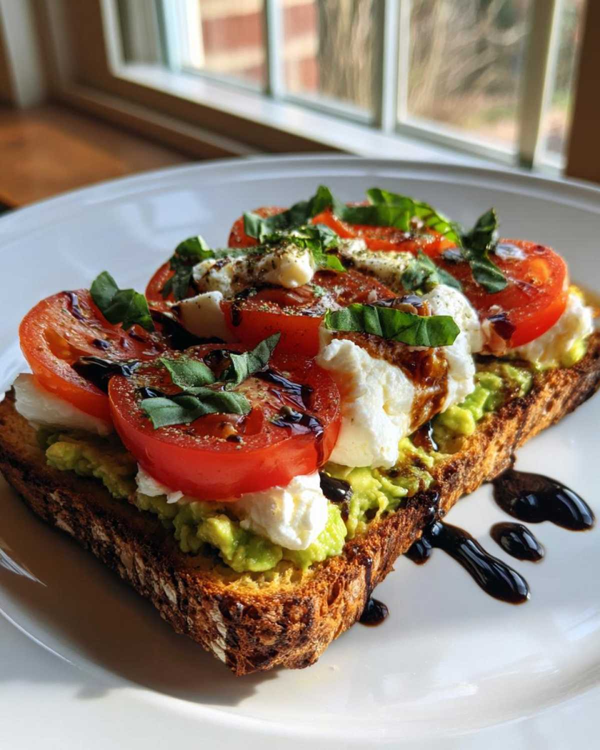 A slice of Caprese Avocado Toast topped with mozzarella, tomato, basil, and balsamic drizzle.