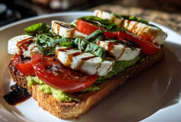 Close-up of Caprese Avocado Toast featuring avocado spread, sliced tomatoes, mozzarella, basil, and balsamic drizzle on toasted bread.