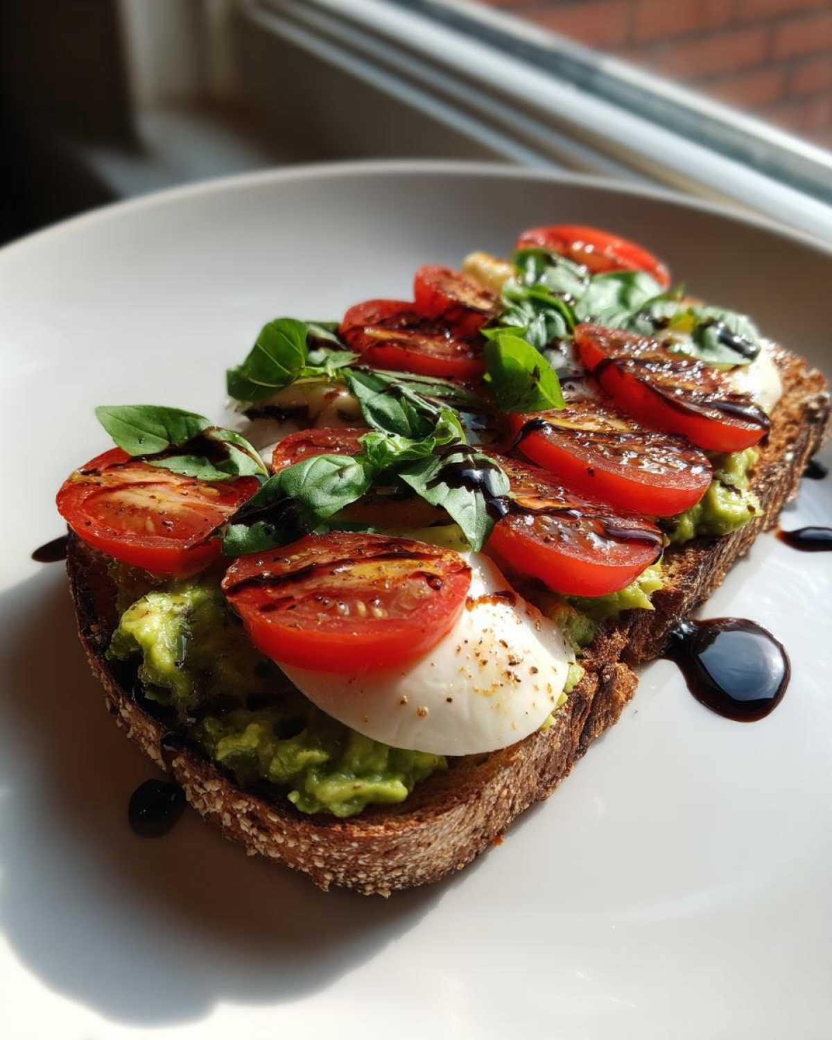 A slice of Caprese Avocado Toast topped with mashed avocado, mozzarella, grilled tomatoes, basil, and balsamic drizzle.