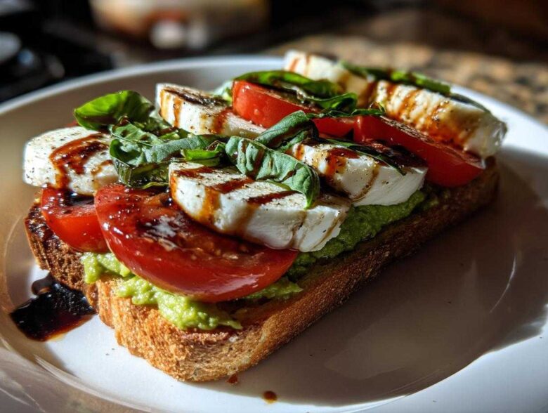 Close-up of Caprese Avocado Toast featuring avocado spread, sliced tomatoes, mozzarella, basil, and balsamic drizzle on toasted bread.