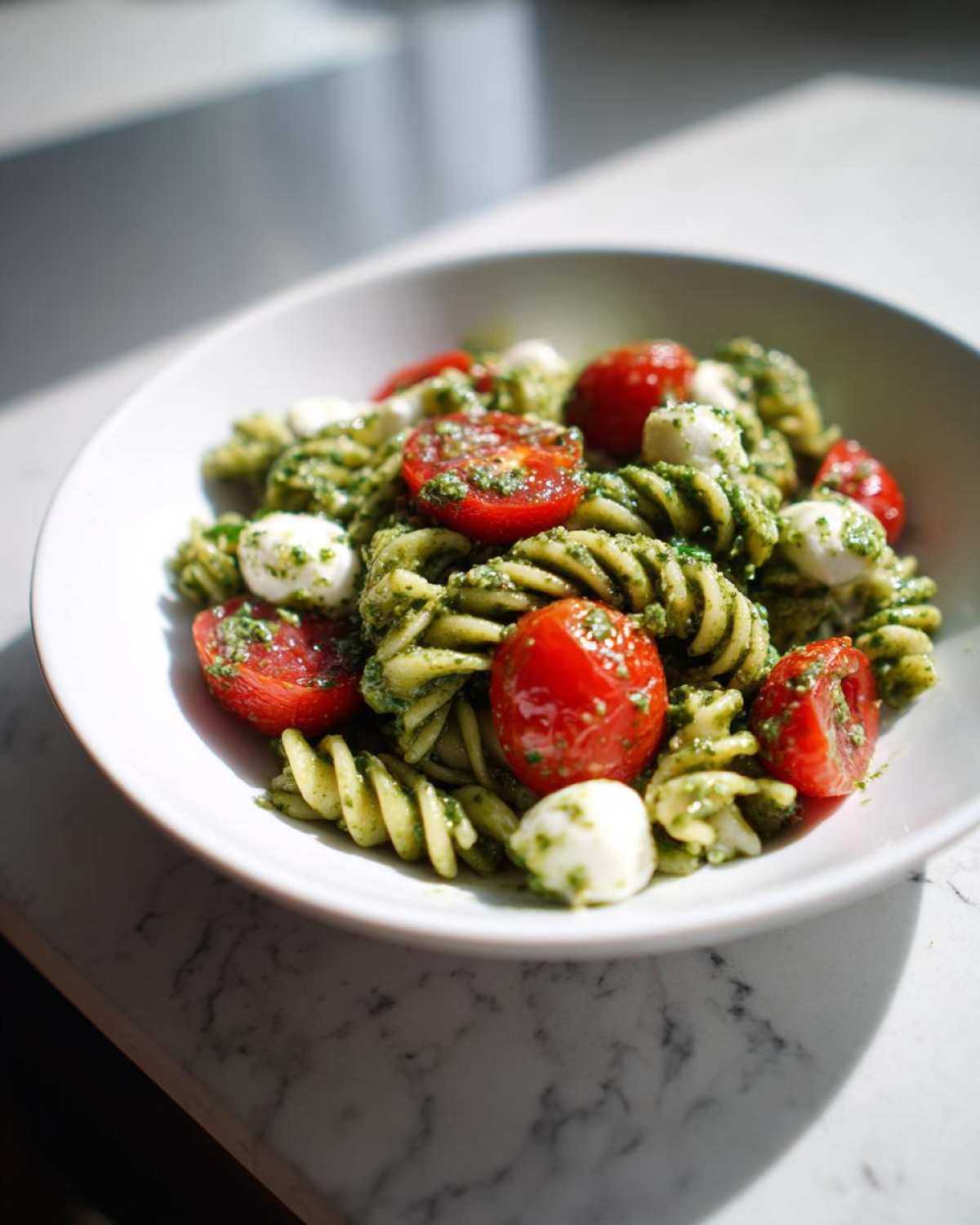 Close-up of Caprese Pesto Pasta Salad featuring fusilli pasta coated in pesto, cherry tomatoes, and small mozzarella balls.