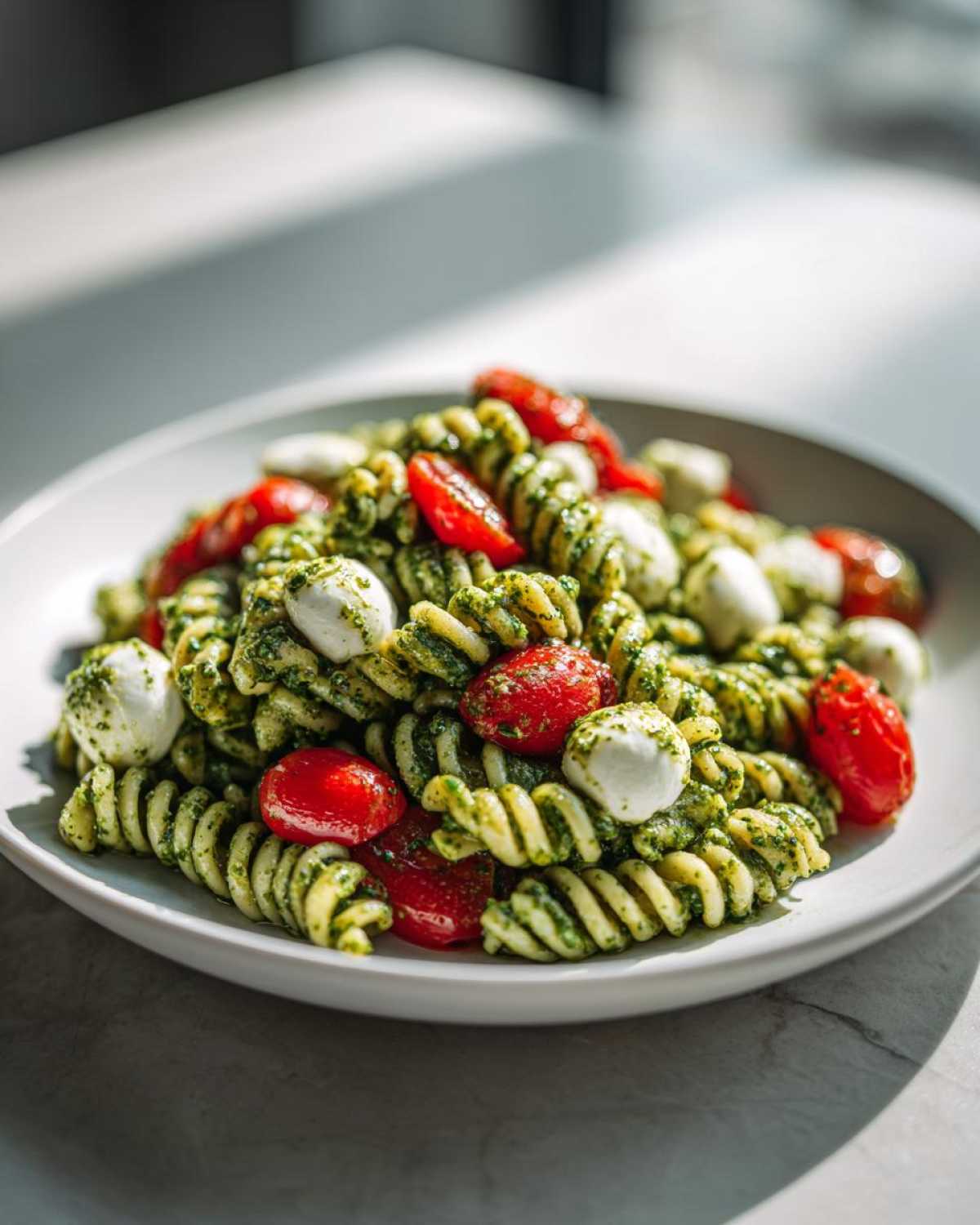 Close-up of Caprese Pesto Pasta Salad featuring fusilli pasta coated in green pesto, mixed with cherry tomatoes and small mozzarella balls.