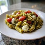 A close-up of Caprese Pesto Pasta Salad featuring fusilli pasta, cherry tomatoes, and small mozzarella balls coated in green pesto.