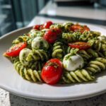 A close-up of a white plate featuring Caprese Pesto Pasta Salad with rotini pasta, cherry tomatoes, and fresh mozzarella balls.