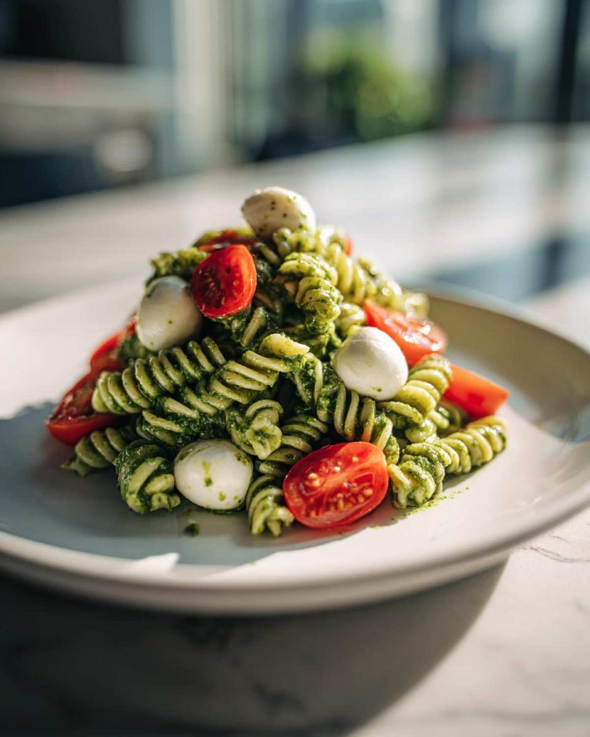 A close-up of a serving of Caprese Pesto Pasta Salad featuring fusilli pasta coated in green pesto, cherry tomato halves, and small mozzarella balls.