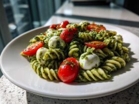 A close-up of a white plate featuring Caprese Pesto Pasta Salad with rotini pasta, cherry tomatoes, and fresh mozzarella balls.