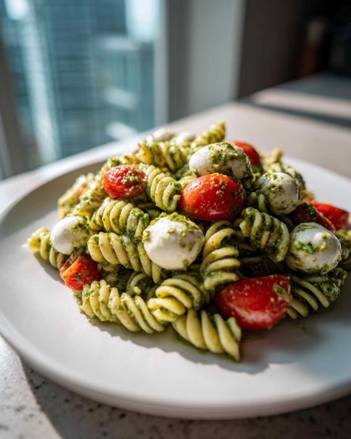 A close-up of Caprese Pesto Pasta Salad featuring fusilli pasta coated in green pesto, mixed with cherry tomatoes and small mozzarella balls.