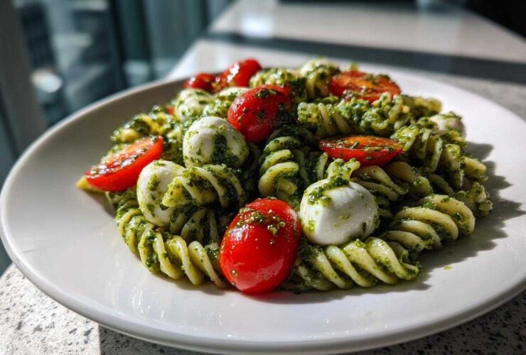 A close-up of a white plate featuring Caprese Pesto Pasta Salad with rotini pasta, cherry tomatoes, and fresh mozzarella balls.