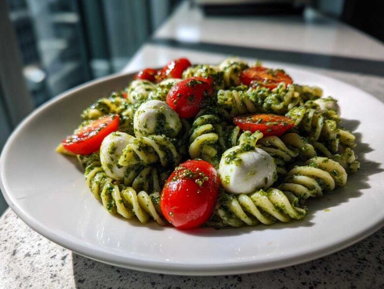 A close-up of a white plate featuring Caprese Pesto Pasta Salad with rotini pasta, cherry tomatoes, and fresh mozzarella balls.