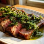 Slices of medium-rare steak generously topped with bright green Carrot Top Chimichurri sauce on a white platter.