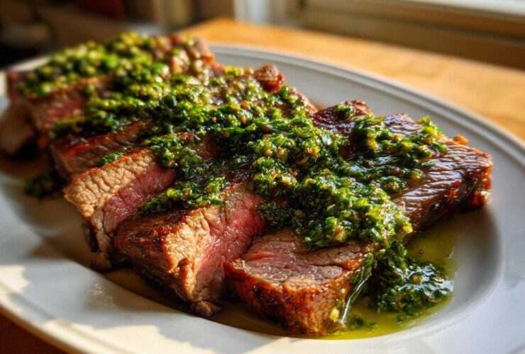 Slices of medium-rare steak generously topped with bright green Carrot Top Chimichurri sauce on a white platter.