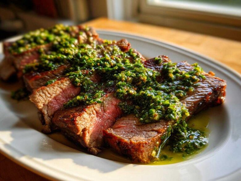 Slices of medium-rare steak generously topped with bright green Carrot Top Chimichurri sauce on a white platter.