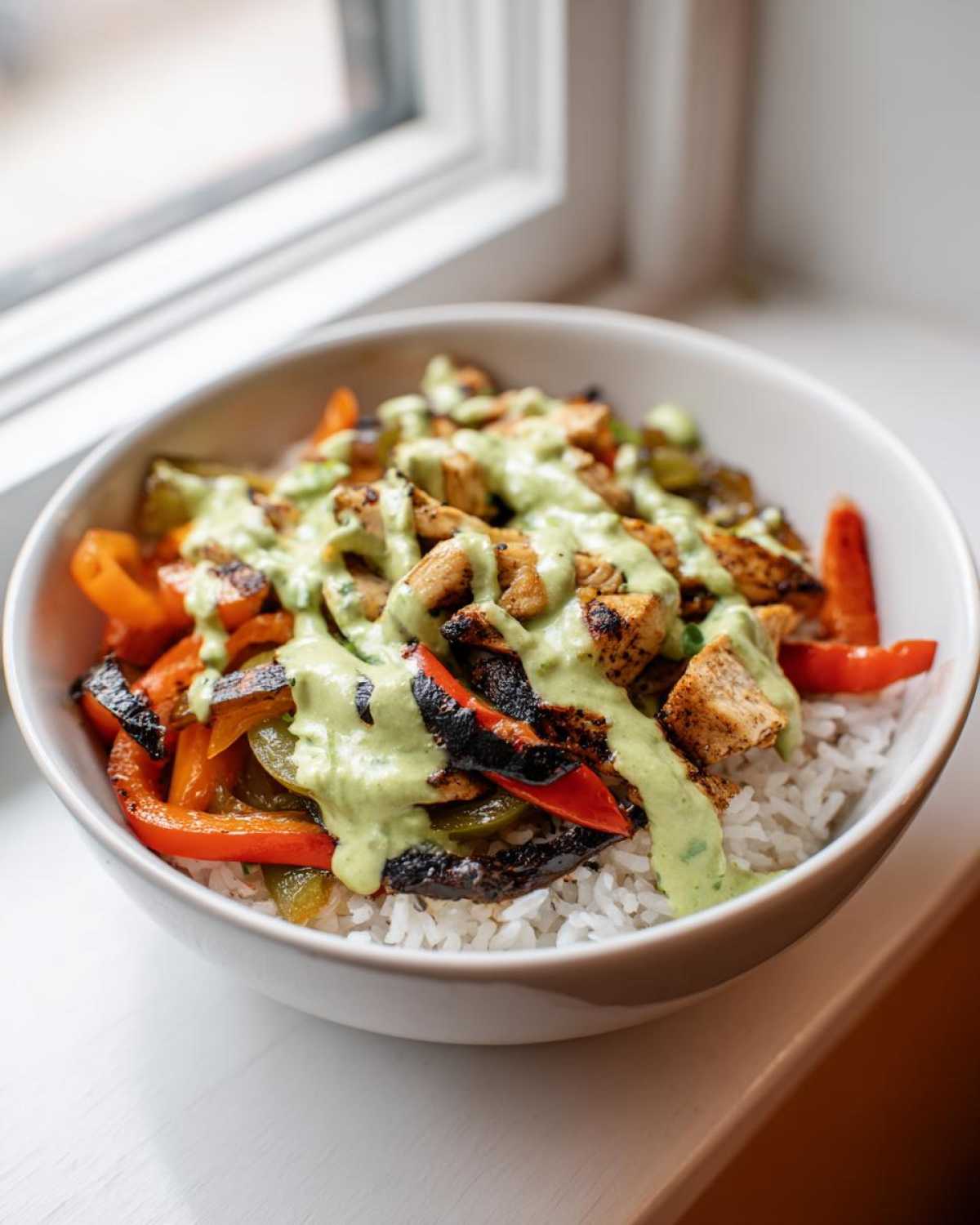 A close-up of a Charred Pepper Fajita Bowl featuring rice, grilled chicken, charred peppers, and a drizzle of creamy green sauce.