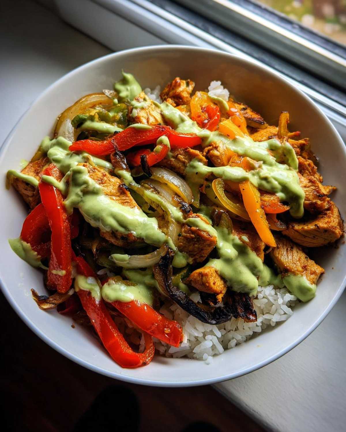 A close-up of a Charred Pepper Fajita Bowl featuring seasoned chicken, charred peppers, onions, white rice, and a drizzle of green avocado sauce.