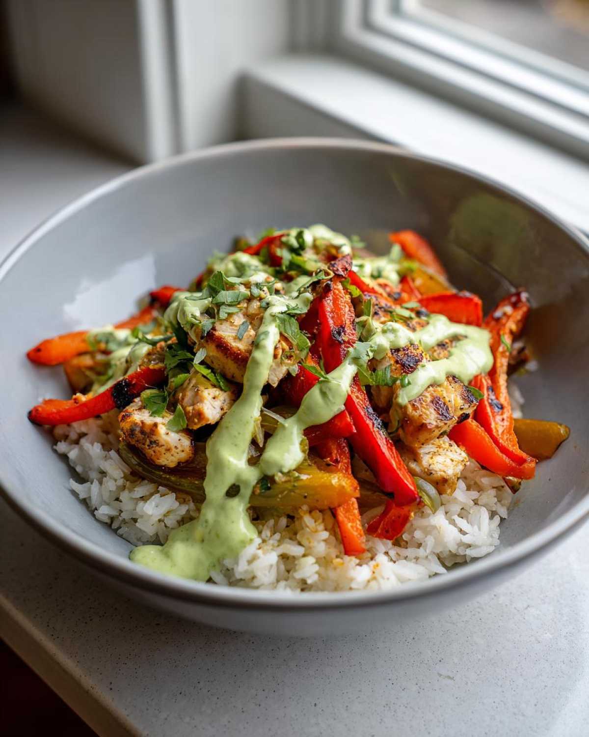Close-up of a Charred Pepper Fajita Bowl layered with white rice, grilled chicken, charred peppers, and drizzled with a creamy green sauce.