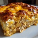 Close-up of a square slice of Cheesy Chicken Enchilada Bake showing shredded chicken filling and a bubbly, browned cheese topping.
