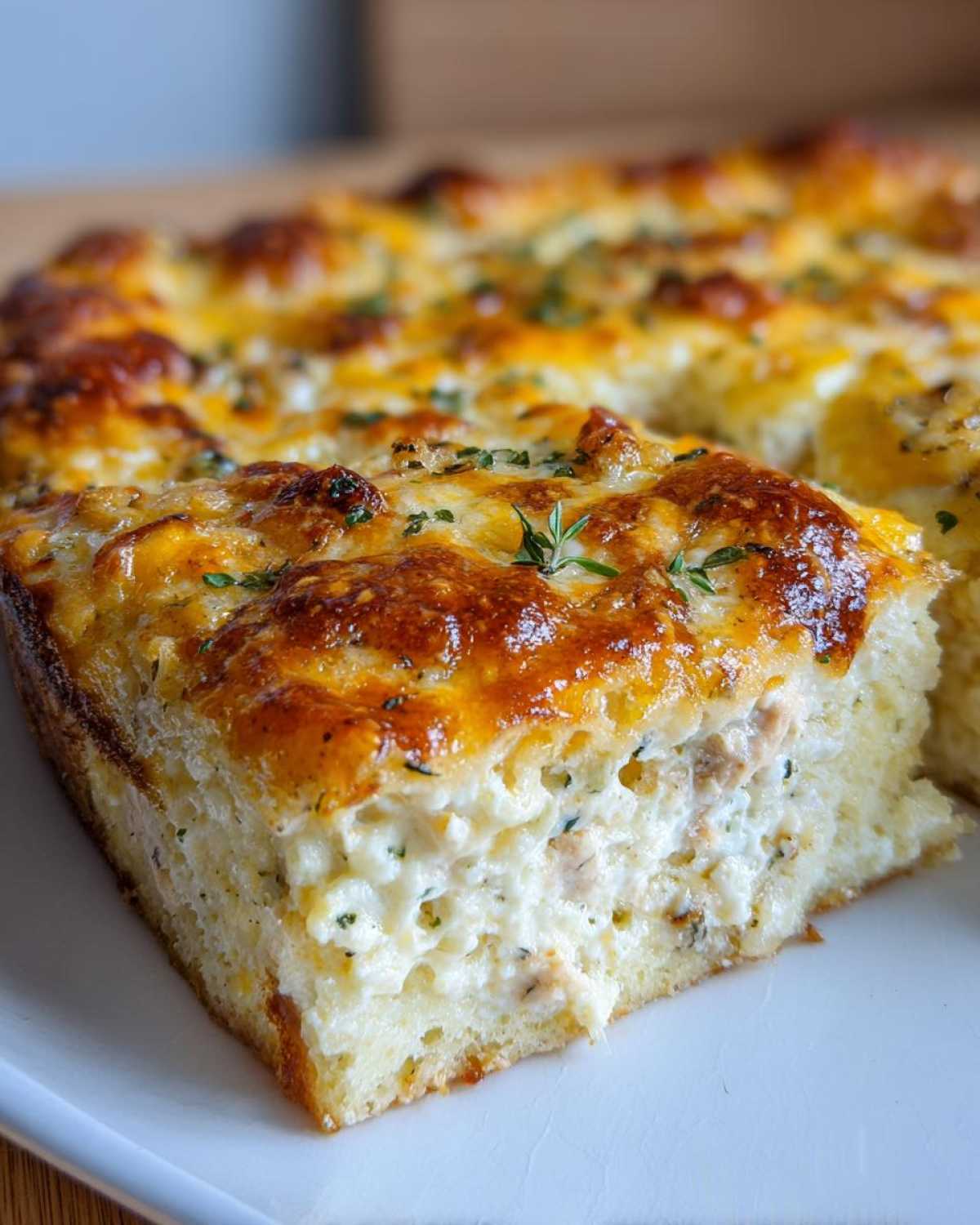 Close-up of a serving of Cheesy Chicken Enchilada Bake showing a creamy filling and a bubbly, golden-brown cheese crust.