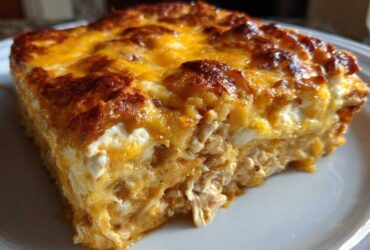 Close-up of a square slice of Cheesy Chicken Enchilada Bake showing shredded chicken filling and a bubbly, browned cheese topping.