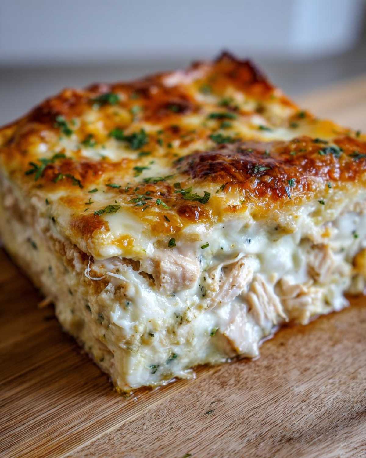 Close-up of a square slice of Cheesy Chicken Enchilada Bake, showing layers of creamy filling and golden, bubbly cheese topping.