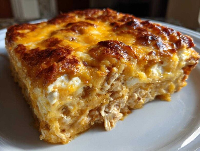 Close-up of a square slice of Cheesy Chicken Enchilada Bake showing shredded chicken filling and a bubbly, browned cheese topping.