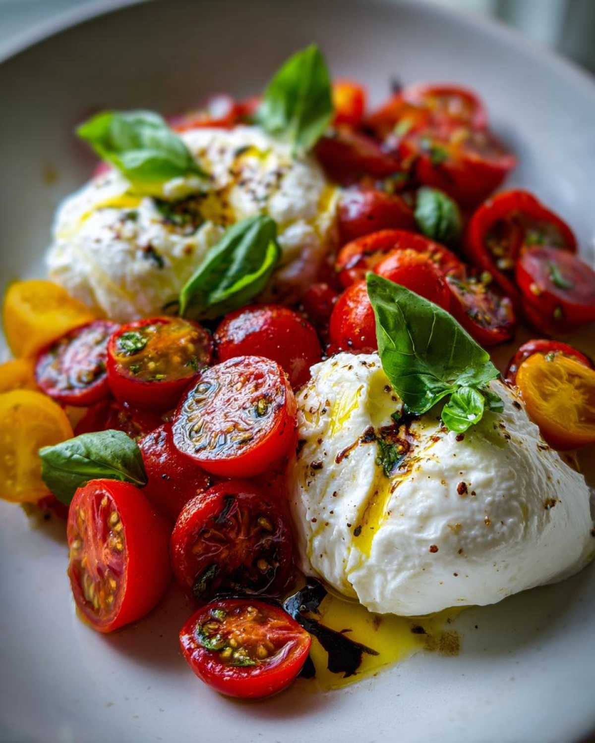 Close-up of Cherry Tomato Burrata Caprese featuring creamy burrata, halved cherry tomatoes, and fresh basil leaves drizzled with olive oil.