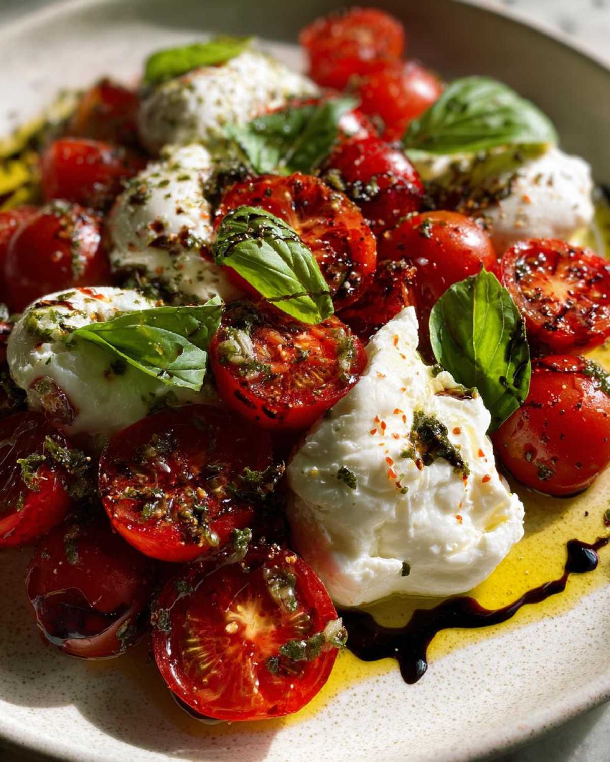 Close-up of a vibrant Cherry Tomato Burrata Caprese salad with halved, seasoned tomatoes, creamy burrata, and fresh basil leaves drizzled with olive oil and balsamic glaze.