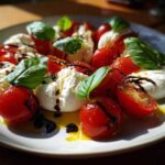 Close-up of a plate featuring bright red cherry tomato burrata caprese, drizzled with balsamic glaze and garnished with fresh basil leaves.