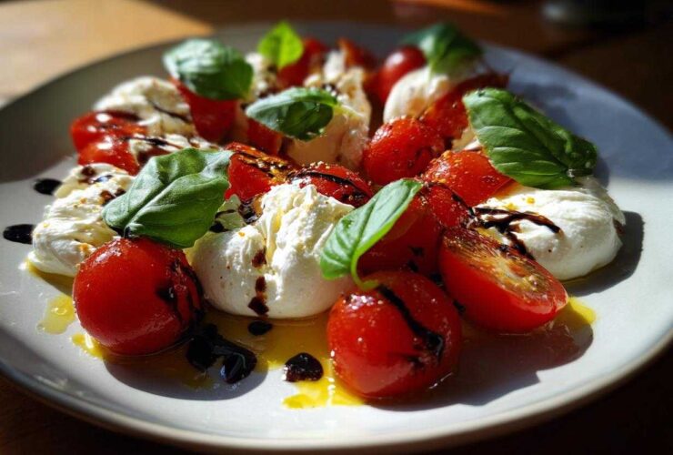 Close-up of a plate featuring bright red cherry tomato burrata caprese, drizzled with balsamic glaze and garnished with fresh basil leaves.