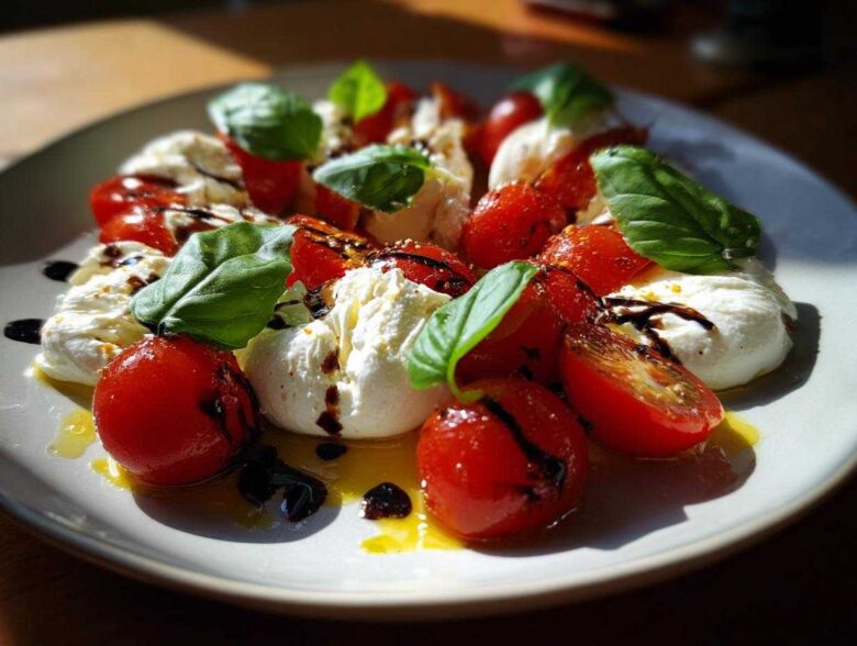 Close-up of a plate featuring bright red cherry tomato burrata caprese, drizzled with balsamic glaze and garnished with fresh basil leaves.