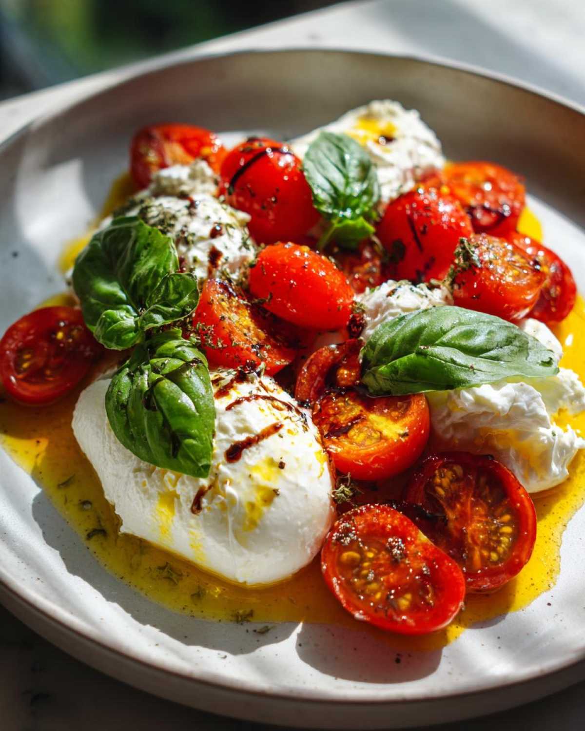 Close-up of a vibrant Cherry Tomato Burrata Caprese salad with fresh basil, olive oil, and balsamic glaze.