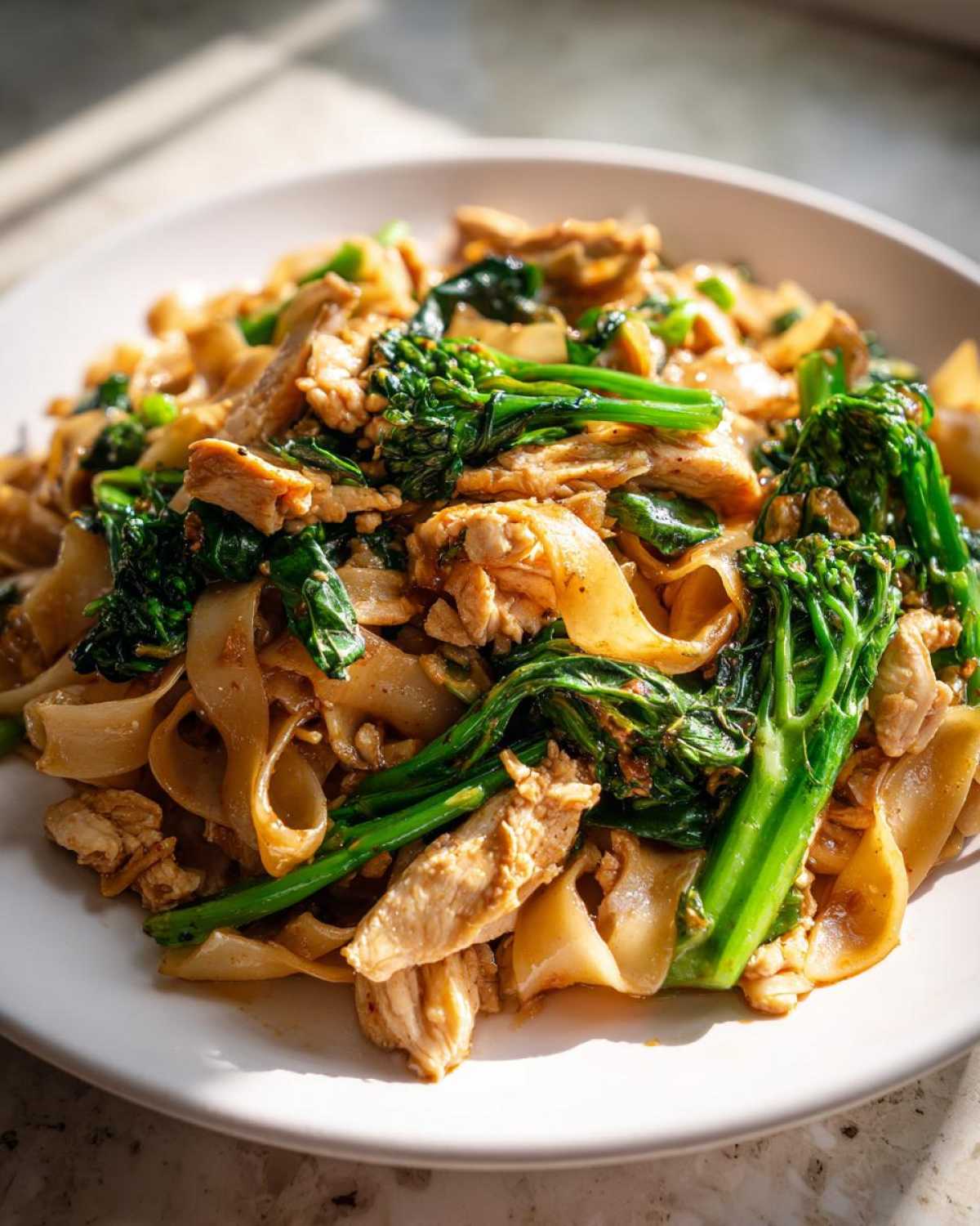 A close-up of a serving of spicy Drunken Noodles Pad Kee Mao featuring wide rice noodles, sliced chicken, and bright green Chinese broccoli.