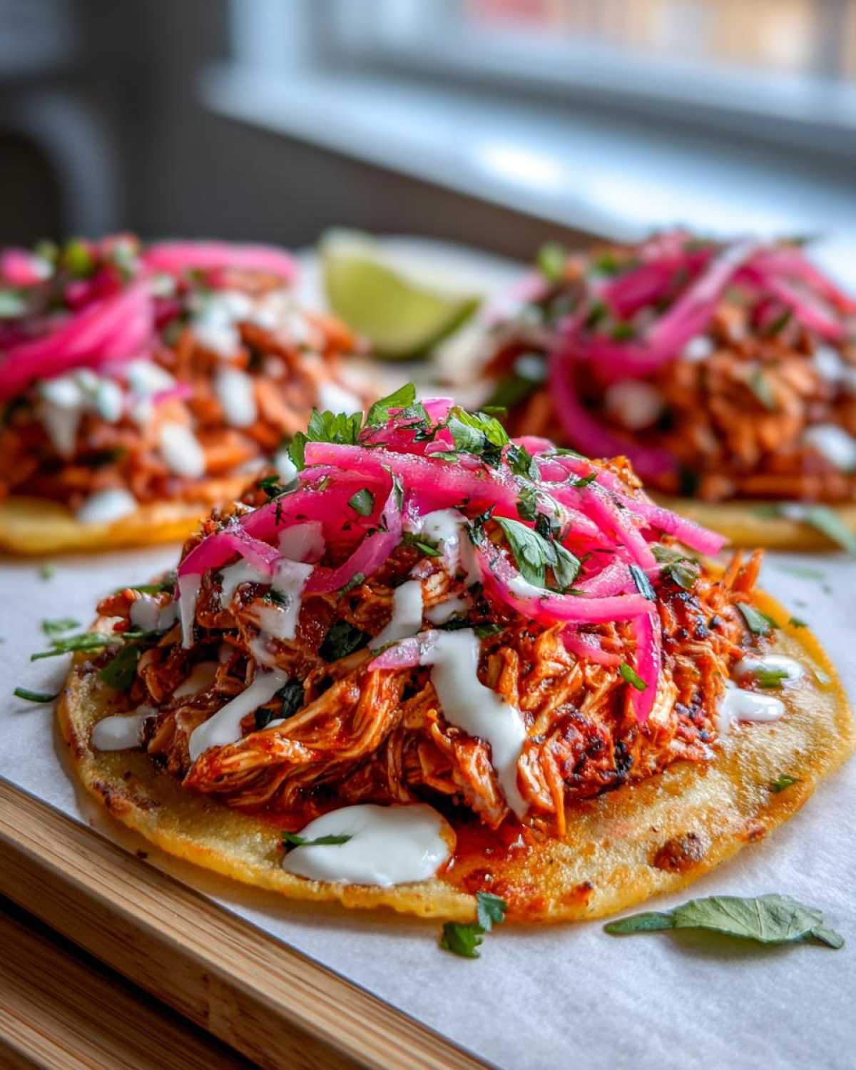 A close-up of a crispy Chicken Tinga Tostadas topped with vibrant pink pickled onions, crema, and cilantro.