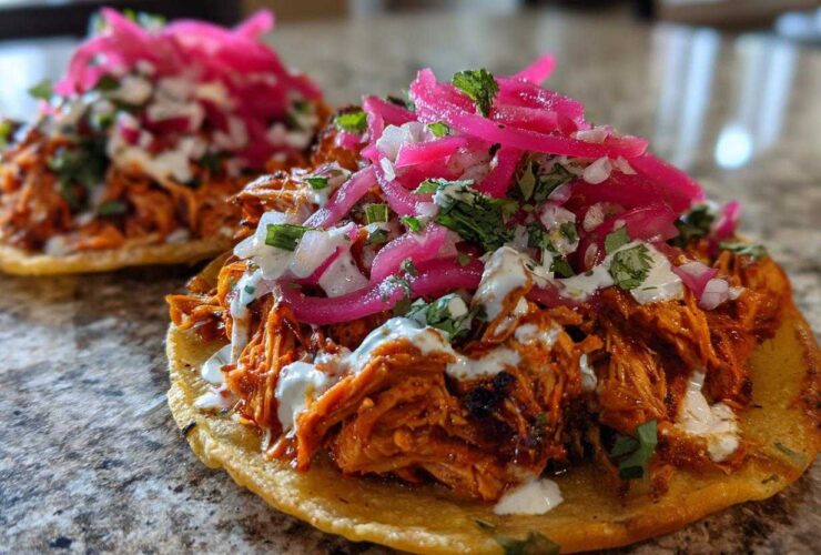 Close-up of two Chicken Tinga Tostadas topped with crema and vibrant pickled onions.