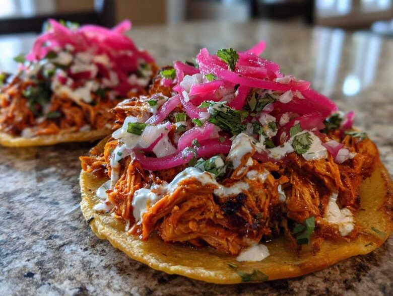 Close-up of two Chicken Tinga Tostadas topped with crema and vibrant pickled onions.