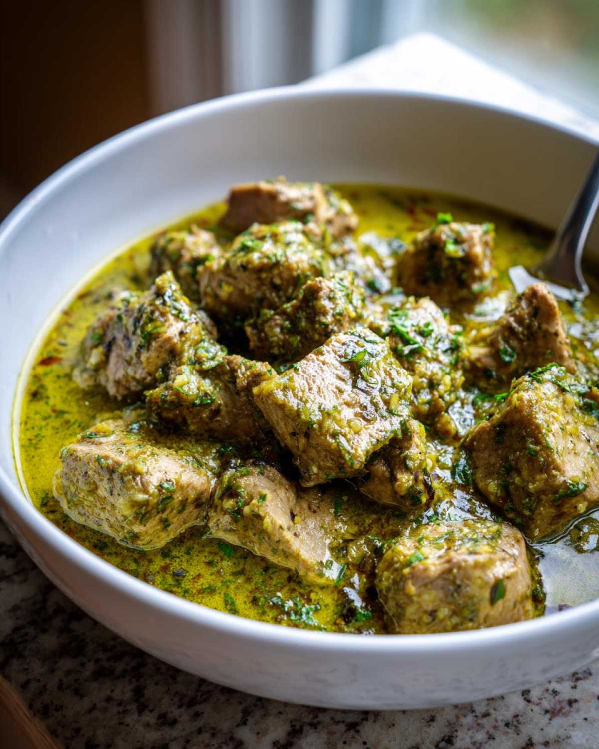 Close-up of tender pork chunks swimming in vibrant green sauce of Chile Verde Pork Stew with Tomatillos.