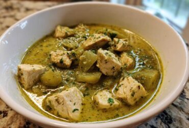 Close-up of a white bowl filled with rich, green Chile Verde Pork Stew with tomatillos and chunks of seasoned meat.