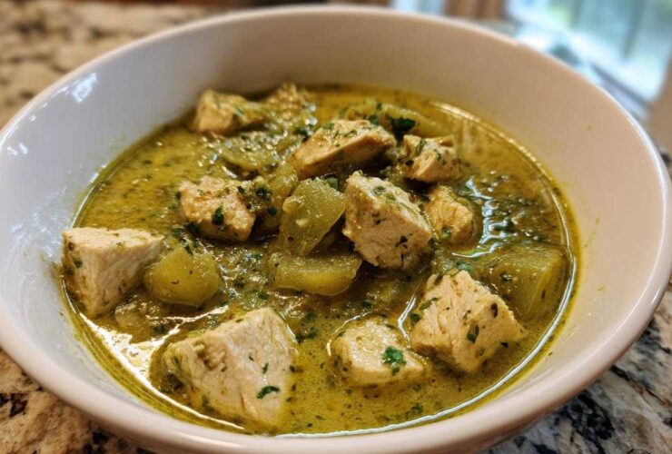 Close-up of a white bowl filled with rich, green Chile Verde Pork Stew with tomatillos and chunks of seasoned meat.