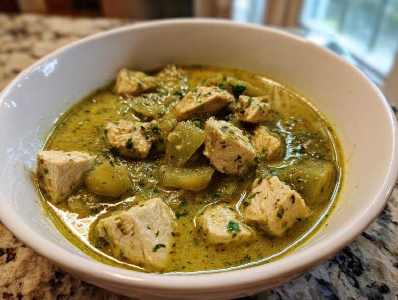 Close-up of a white bowl filled with rich, green Chile Verde Pork Stew with tomatillos and chunks of seasoned meat.