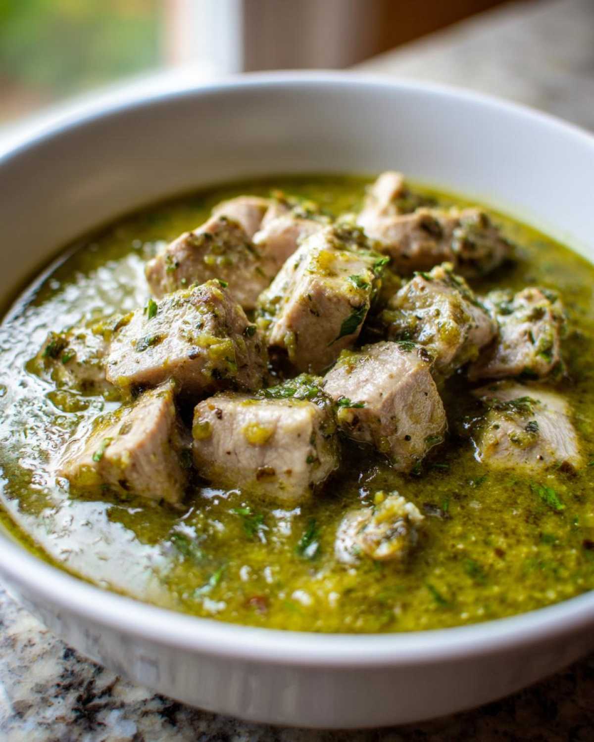 Close-up of tender pork chunks submerged in vibrant green sauce of Chile Verde Pork Stew with Tomatillos.