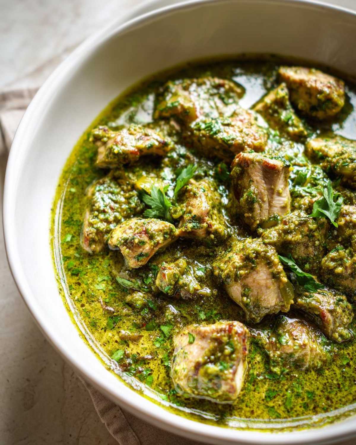 Close-up of tender pork chunks submerged in vibrant green sauce of Chile Verde Pork Stew with Tomatillos.