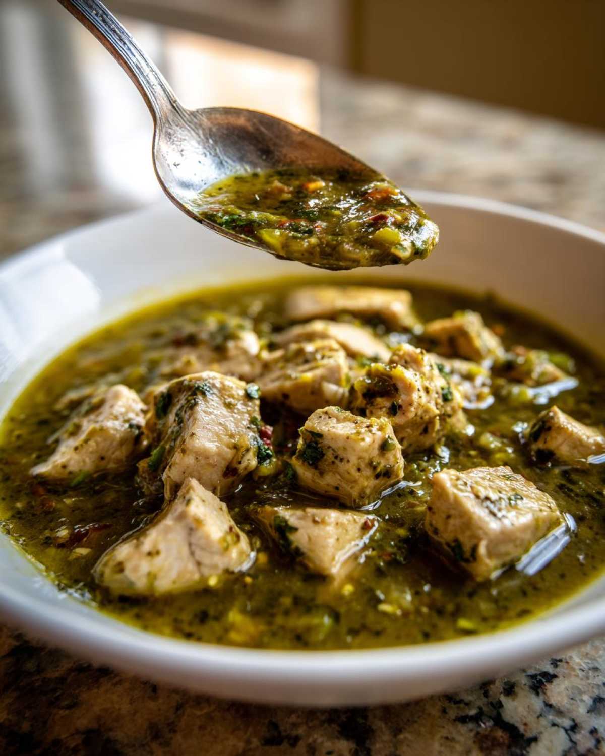 A spoonful of rich green sauce being lifted from a bowl of authentic Chile Verde Pork Stew with Tomatillos.