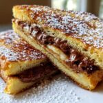 Two halves of golden-brown Chocolate Chip Brioche Toast, filled with melted chocolate and dusted heavily with powdered sugar.