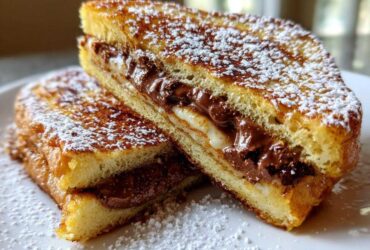 Two halves of golden-brown Chocolate Chip Brioche Toast, filled with melted chocolate and dusted heavily with powdered sugar.