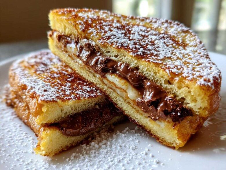 Two halves of golden-brown Chocolate Chip Brioche Toast, filled with melted chocolate and dusted heavily with powdered sugar.